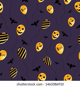 Seamless halloween pattern. Orange air balloons with bats on purple background.