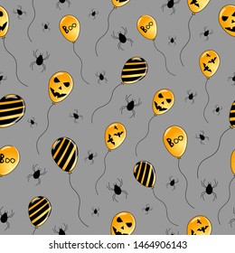 Seamless halloween pattern. Orange air balloons with spiders on gray background.