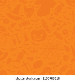 Seamless Halloween Pattern, orange background with pumpkin, spider, candy