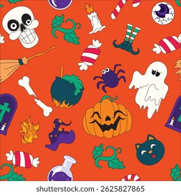 A seamless Halloween pattern with orange background in hand drawn lowbrow style. Includes ghosts, pumpkins, skulls, and bats. Ideal for wrapping paper, decorations, fabric, and seasonal content.