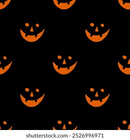 Padrão de Halloween perfeito de faces laranja jack-o'-lantern em um fundo preto, perfeito para desenhos festivos, decorações e gráficos temáticos assustadores para eventos de Halloween