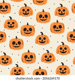 Seamless halloween pattern with orange pumpkin faces. Background for invitations, cards, fabrics, packaging, textiles. Vector illustration.