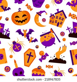 Seamless halloween pattern. Orange Pumpkin and Spider Web, Cauldron, Skull and Bones, flat style