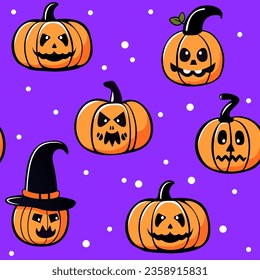Seamless Halloween pattern, orange pumpkins with faces on a purple background. Vector illustration.