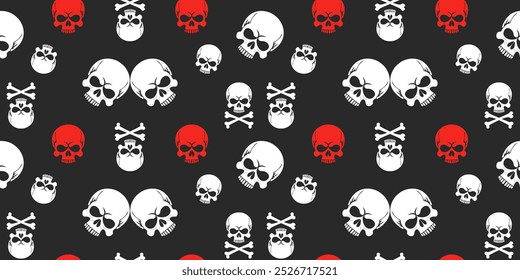 Seamless Halloween pattern with orange and white skulls, crossbones on a black background. Spooky and gothic design for textiles, wallpapers and print. Vector.