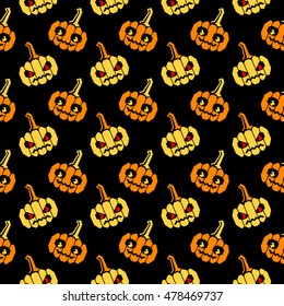 Seamless halloween pattern with orange and yellow pumpkins with geometrical shape, slightly slanted