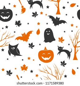 Seamless Halloween Pattern with Owl, Broom, Ghost, Pumpkin, Bat, Stars, Leaves, Horror.