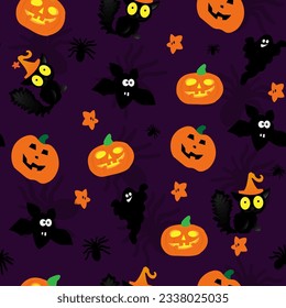Seamless Halloween pattern. Halloween party vector illustration. Ghost, bat, black cat and pumpkin. Vector seamless background.