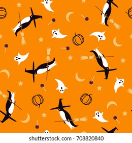 Seamless Halloween pattern with penguins ghosts lollipops and pumpkins
