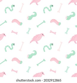 Seamless Halloween pattern with pink raven, severed octopus tentacle and worm. Pastel colors on white background. For prints, backgrounds, wrapping paper, textile, linen, wallpaper, etc. 
