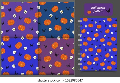 Seamless halloween pattern with pumpkin, bat, skull. Vector illustration of repeat halloween background for print, cover, textile, wrapping paper, scrapbook design.