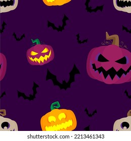 Patrón de Halloween sin foco con calabaza y murciélago. Fondo vectorial, papel envolvente, invitaciones, tarjetas de felicitación. Plantilla para publicidad, web, medios sociales.
