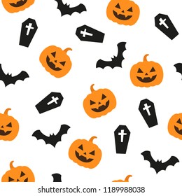 Seamless halloween pattern with pumpkin, bats and graves. Vector flat background