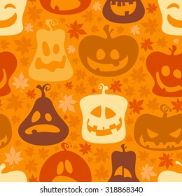 Seamless Halloween pattern with pumpkin face in different emotions