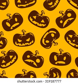 Seamless Halloween pattern with pumpkin face in different emotions