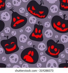 Seamless Halloween pattern with pumpkin faces and skulls