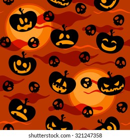 Seamless Halloween pattern with pumpkin faces, skulls and full moons