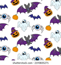 Seamless halloween pattern. Pumpkin , ghost, witch hat, eyeball, spider,vector illustration. Bat halloween textile for your design, print, postcard, poster, book decoration. Witch craft