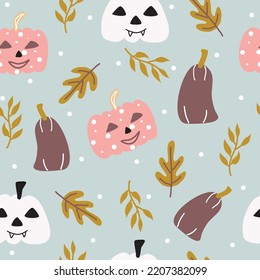 Seamless Halloween pattern with pumpkin ghosts,pumpkins and leaves.