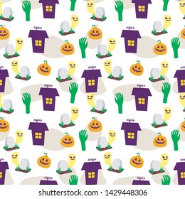 seamless halloween pattern. pumpkin, grave, zombie hand, house