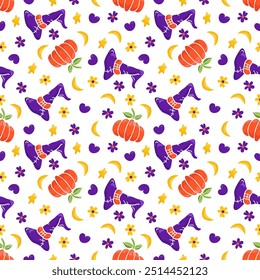 Seamless halloween pattern with pumpkin, hat, heart, moon, stars and flowers. Colorful cute hand drawn  seamless pattern background  In doodle style, on a white background. 