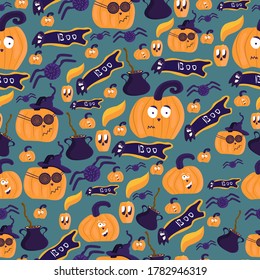 Seamless halloween pattern with pumpkin, horrible candle, ghost, vector illustration in flat style