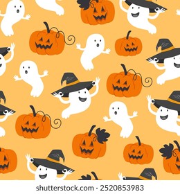 Padrão de Halloween perfeito com lanternas de abóbora e fantasmas em chapéus de bruxa