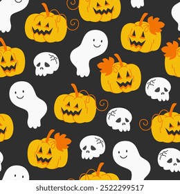 Seamless Halloween Pattern with Pumpkin Lanterns and Ghosts on a dark background