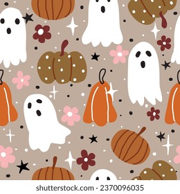 Seamless Halloween pattern with pumpkin, little ghost,  flower, star and dot on brown background.use for wallpaper textile and print.