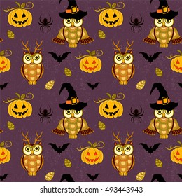 Seamless halloween pattern with pumpkin and owls on violet grunge background