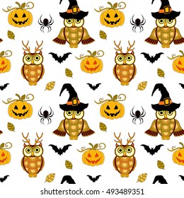 Seamless halloween pattern with pumpkin and owls on white background