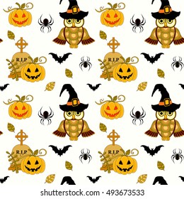 Seamless halloween pattern with pumpkin and owls on white background