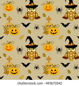 Seamless halloween pattern with pumpkin and owls on beige background