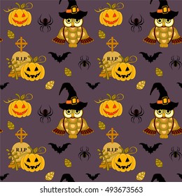 Seamless halloween pattern with pumpkin and owls on violet background