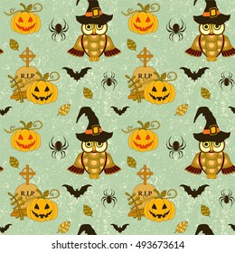 Seamless halloween pattern with pumpkin and owls on turquoise grunge retro background