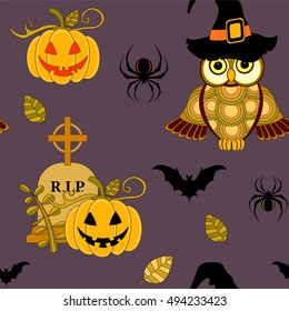 Seamless halloween pattern with pumpkin and owls on violet background