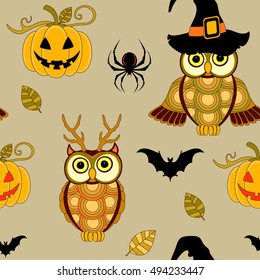 Seamless halloween pattern with pumpkin and owls on beige background