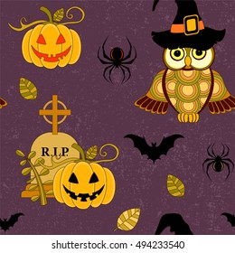 Seamless halloween pattern with pumpkin and owls on violet grunge background