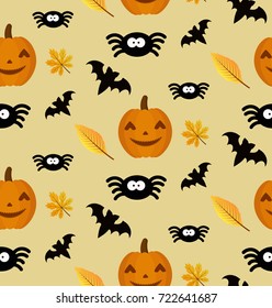Seamless Halloween pattern with pumpkin, spiders, bats and autumn leaves. Spooky background for your Halloween design.