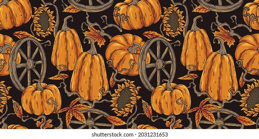 Seamless halloween pattern with pumpkin, sunflower, wheel and orange foliage for happy halloween or october party