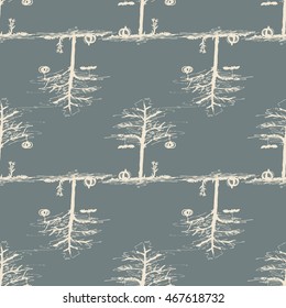 Seamless Halloween pattern. Pumpkin, tree, bat elements. Sketch style, light contour on dark green background