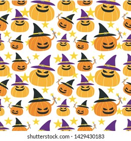 seamless halloween pattern. pumpkin wearing wizard hat