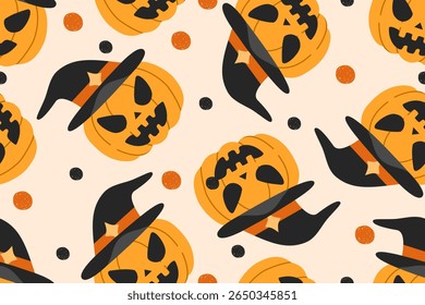 Seamless Halloween pattern with Pumpkin wearing a witch hat and dots