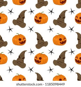 Seamless halloween pattern with pumpkin and witch hat. Popular vector illustration for holiday