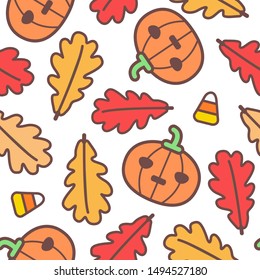Seamless halloween pattern with pumpkins and autumn leaves for greeting card, gift box, fabric, web design. Isolated on white.