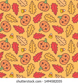 Seamless halloween pattern with pumpkins and autumn oak leaves on orange background for greeting card, gift box, fabric, web design.