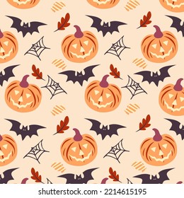 Seamless halloween pattern with pumpkins and bat