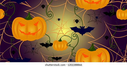 Seamless Halloween pattern with pumpkins, bats, cobwebs and spiders.