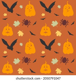 Seamless Halloween pattern with pumpkins, bats and autumn leaves, eps10, vector image