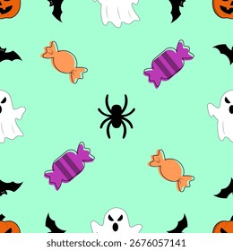 Patrón de Halloween sin fisuras con calabazas, murciélagos, fantasmas, caramelos y arañas sobre un fondo verde claro, perfecto para diseños festivos.